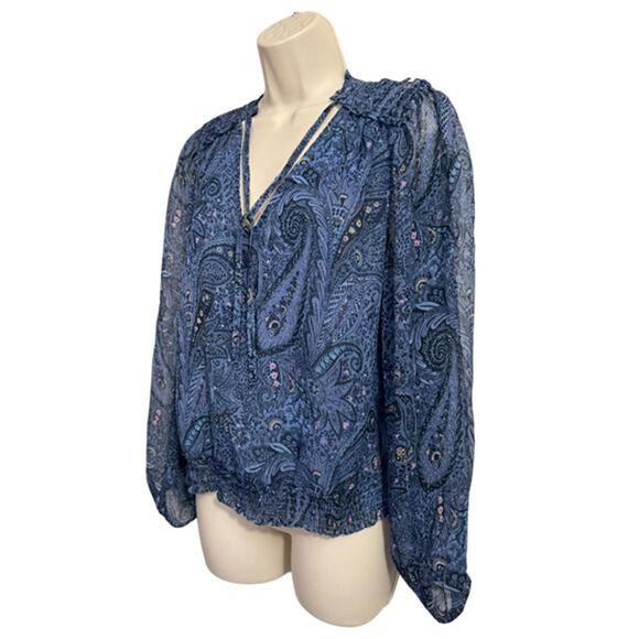 Lucky Brand Paisley Blue Print Sheer Long Sleeve Boho Top Size M - Picture 4 of 13